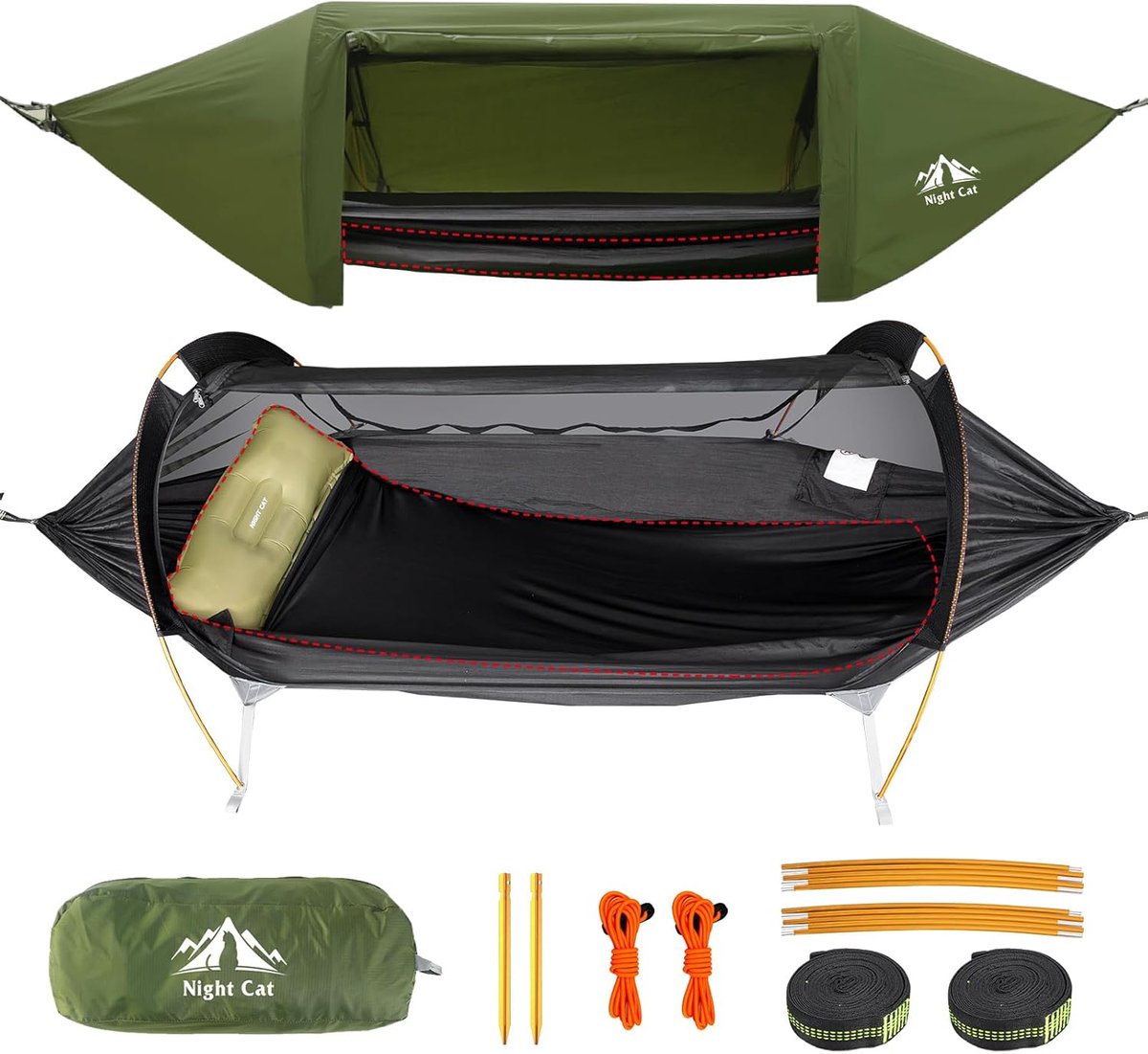Night Cat Hangmat Tent met Muggennet Waterdichte Regenkap voor 1 Persoon Wandelen Kamperen in de Tuin Achtertuin Wilde Groen Pro