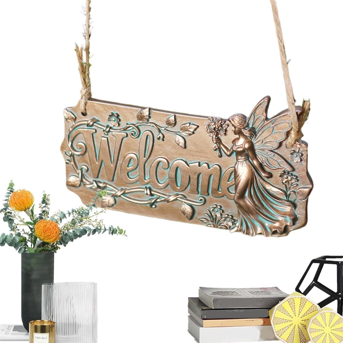 Welkomstbord Buitendeur - Rustiek Ornament - Entree Decoratie - Weerbestendig Hars - 15 cm - Koper