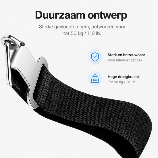 Close-up van een zwarte, gevlochten riem met metalen haak van een weegschaal. Sterk en betrouwbaar, hoge draagkracht tot 50 kg / 110 lb. Duurzaam ontwerp.