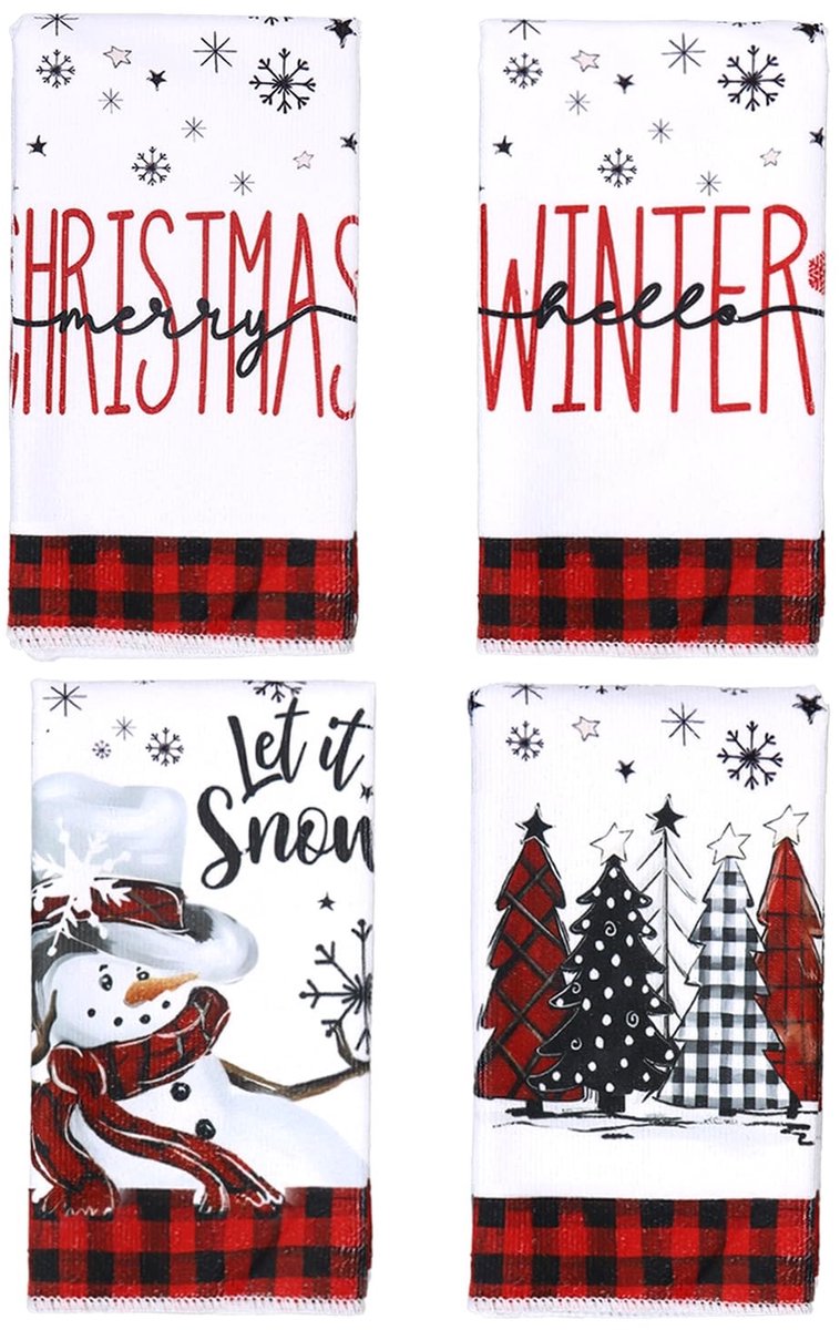 Dailygoods - Kerst Theedoeken Set - 4 Stuks, Polyester, Wit en Rood, 60 x 40 cm