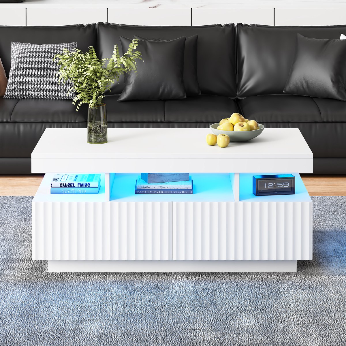 DESMIU Salontafel - Modern Design Met Verlichting En Twee Laden - Voor Woonkamer En Leeshoek - Spaanplaat - Wit - 100x50x45 Cm