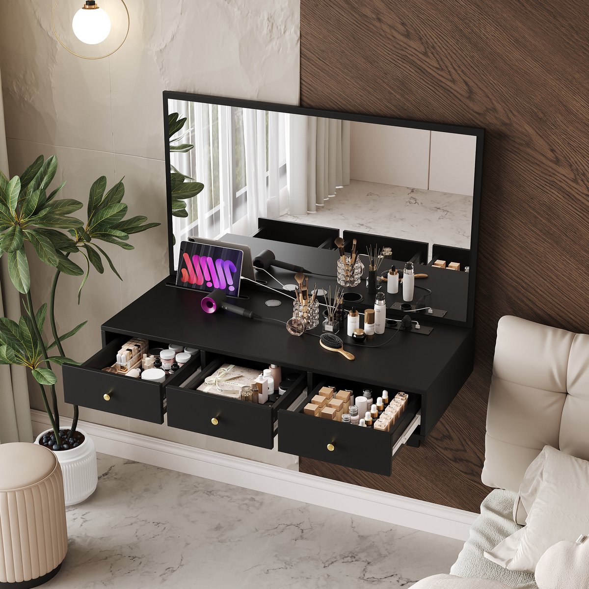 DESMIU Hoekbank 272 x 136 cm - 4-Zits Met Dubbele Chaise Longue, Opbergruimte, Bekerhouders En Uitschuifbed - Voor Woonkamer - Linnen Donkergrijs