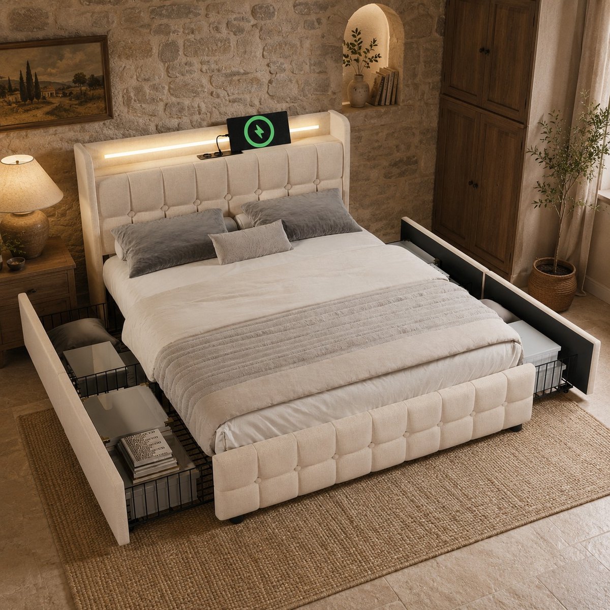 Tweepersoonsbed 160x200 cm - Gestoffeerd bed met USB -oplaadfunctie, hoofdbord, ledverlichting - 4 lades - Bedframe met opbergruimte - lattenbodem van hout - Grijs (matras niet inbegrepen)
