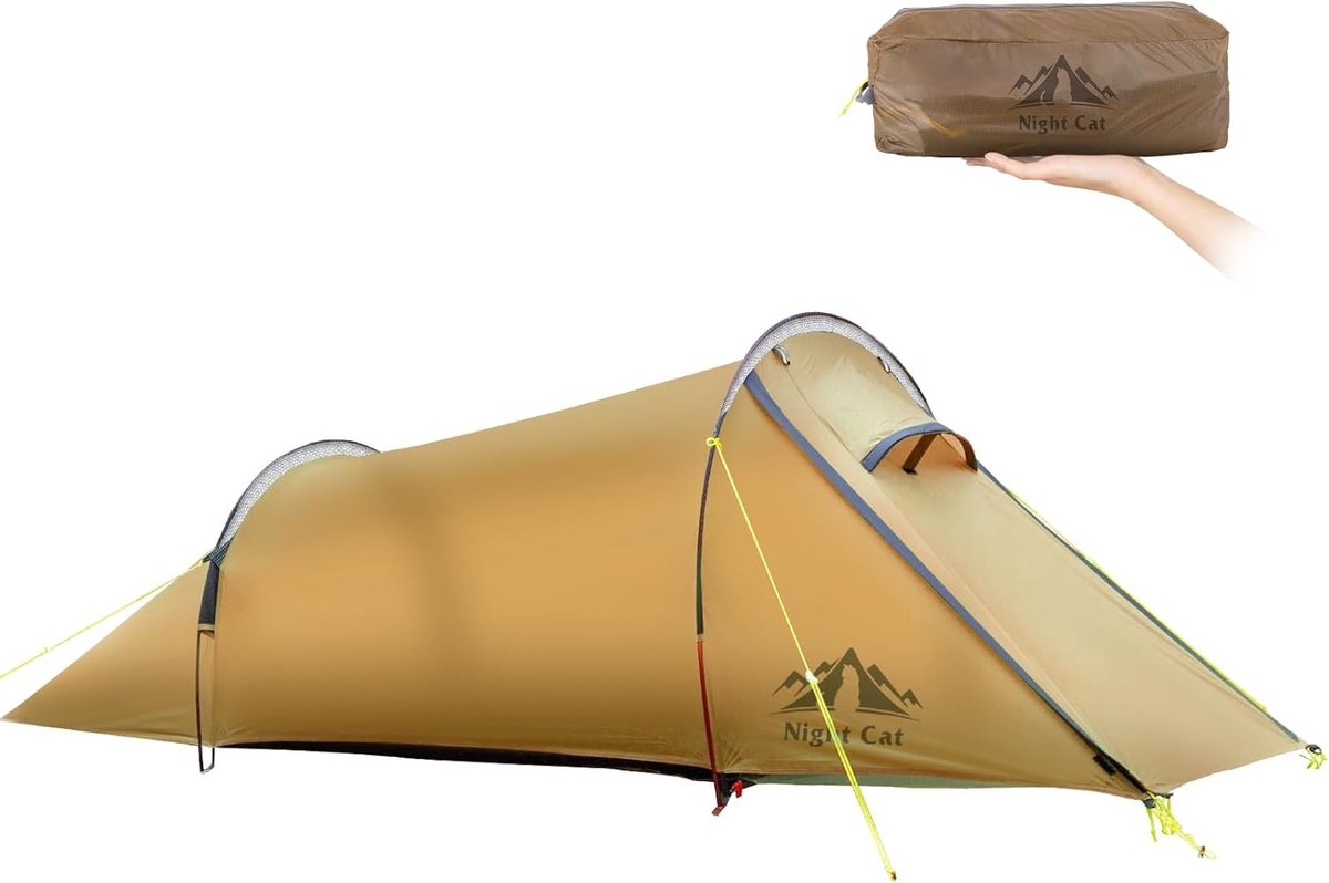Night Cat Tunneltent 1 Persoon Waterdicht: Ultralicht Tent 1.5 KG voor Fietstocht Klein Pakformaat Trekken Kamperen