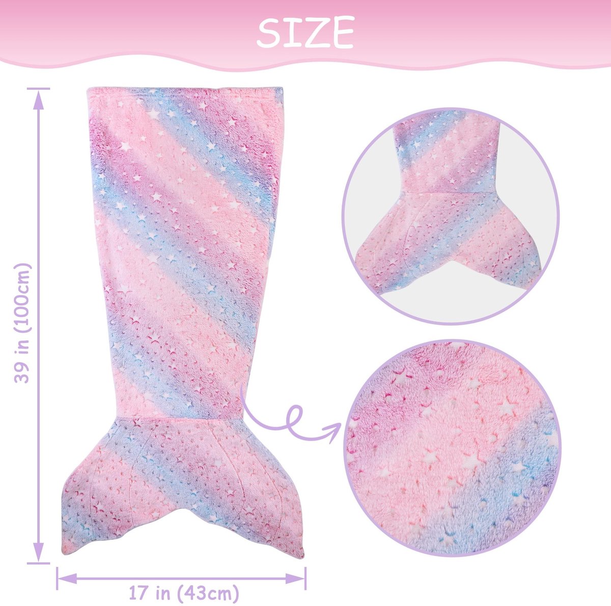 Dailygoods - Zeemeerminstaart-deken - Flanellen deken - Licht op in het donker - Meerkleurige ster - Cadeau voor meisjes - Geschikt voor kinderen - 43...