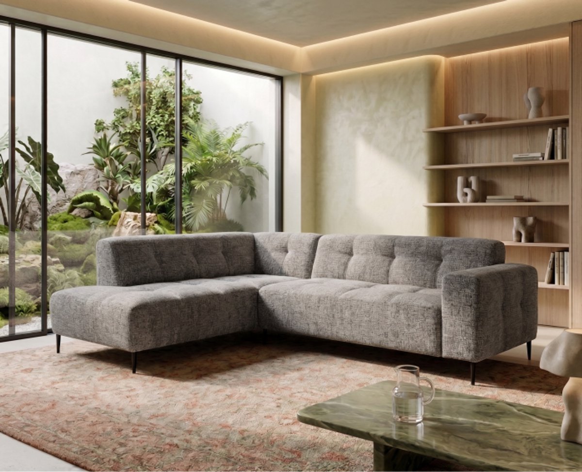 Meubelplaats Hoekbank Viano Links stof Bella 15 Donkergrijs gemêleerd - 255x200x84 cm - modern
