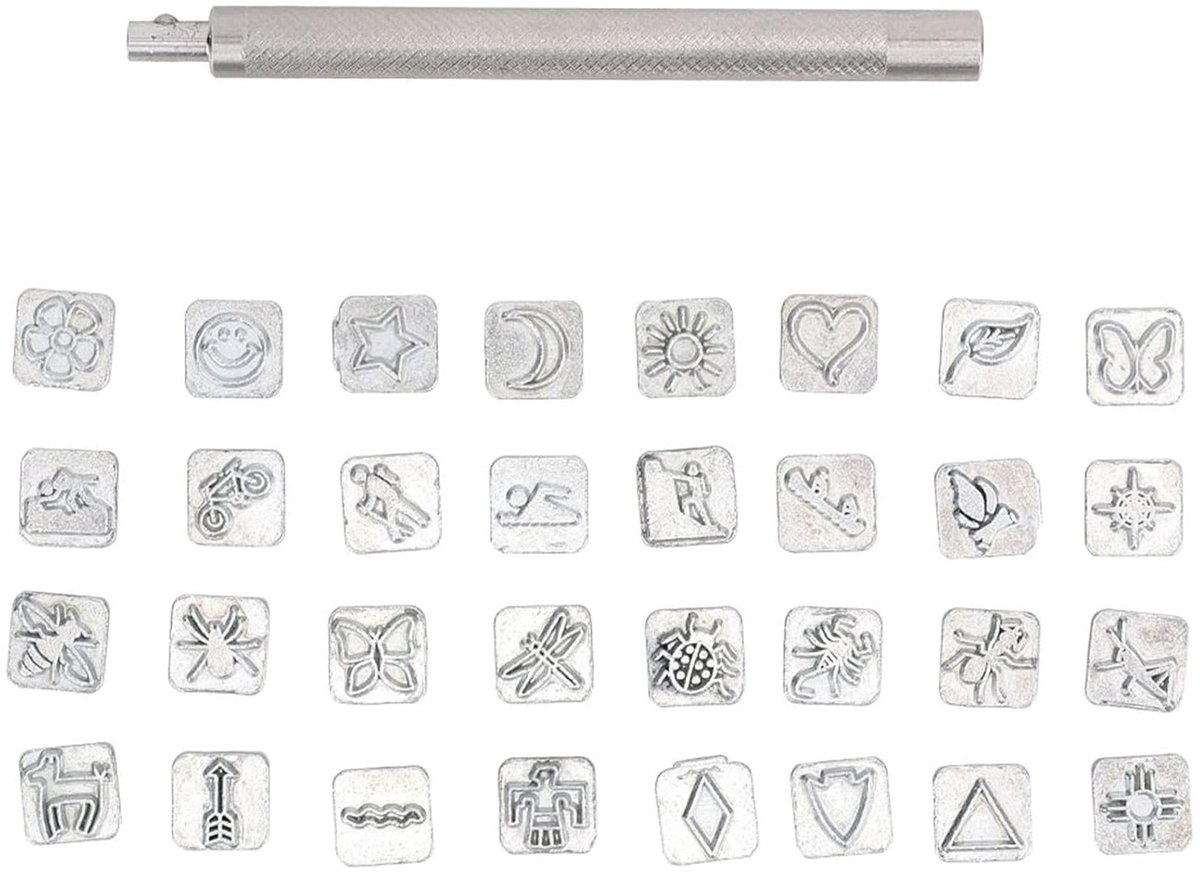 32-delige Stempelset voor Leerbewerking, Stempelgereedschap voor Dieren en Planten, Ideaal voor DIY Projecten met Metaal, Hout en Plastic