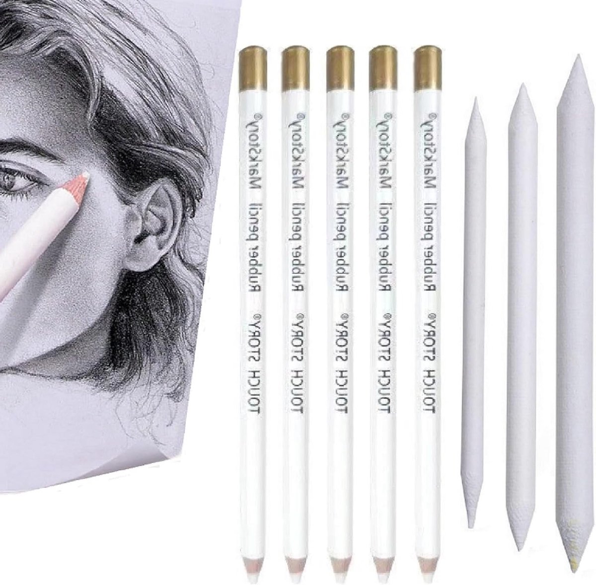 Professionele Tekenpotloden en Kolen, Witte Kolen en Markers, 5 Stuks met 3 Gum voor Fijne Kunst en Schetsen