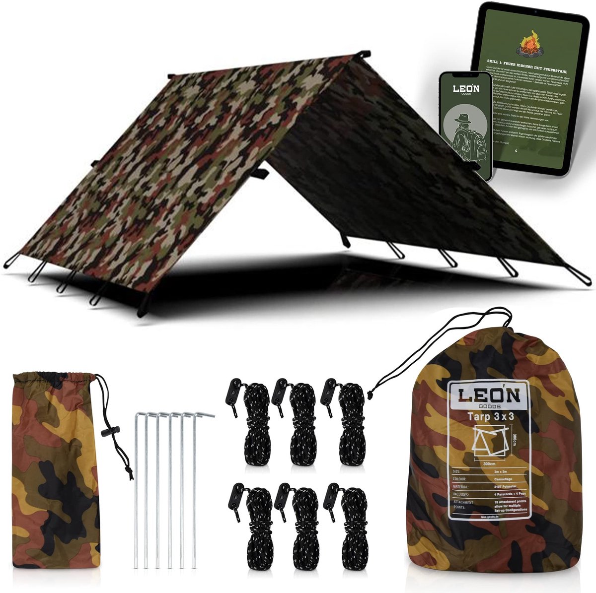 Dailygoods- Tarp 3 x 3 Meter - Camouflage Patroon - Starterset met Haringen - Paracord - Geschikt voor Hangmatten - Ideale Maat voor Bushcraft - Zeil