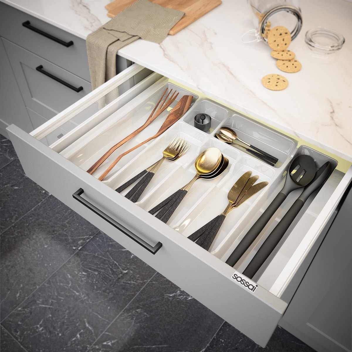 Dailygoods- Bestekbak Uitschuifbaar 23-83 cm - Bestekbak 43-49 cm - 7 Vakken - Onderhoudsvriendelijk - Slagvaste Kunststof - Wit - Bestekinzet