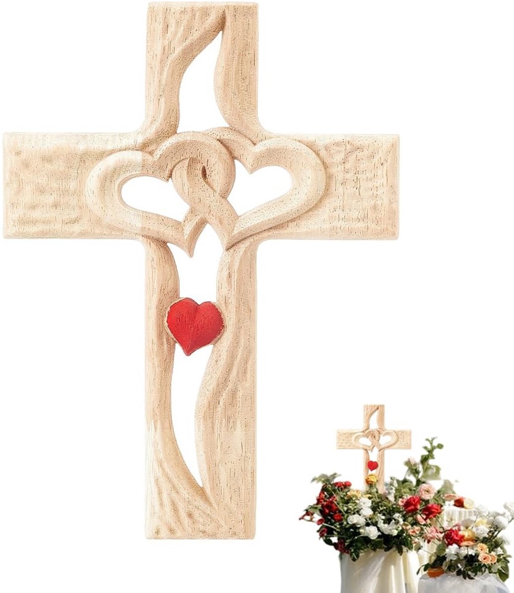Dailygoods- Wanddecoratie Houten Kruis - Verweven Harten - Rustiek Ornament - Muurdecoratie Woonkamer - Compact 227x167x9mm - Duurzaam Hars