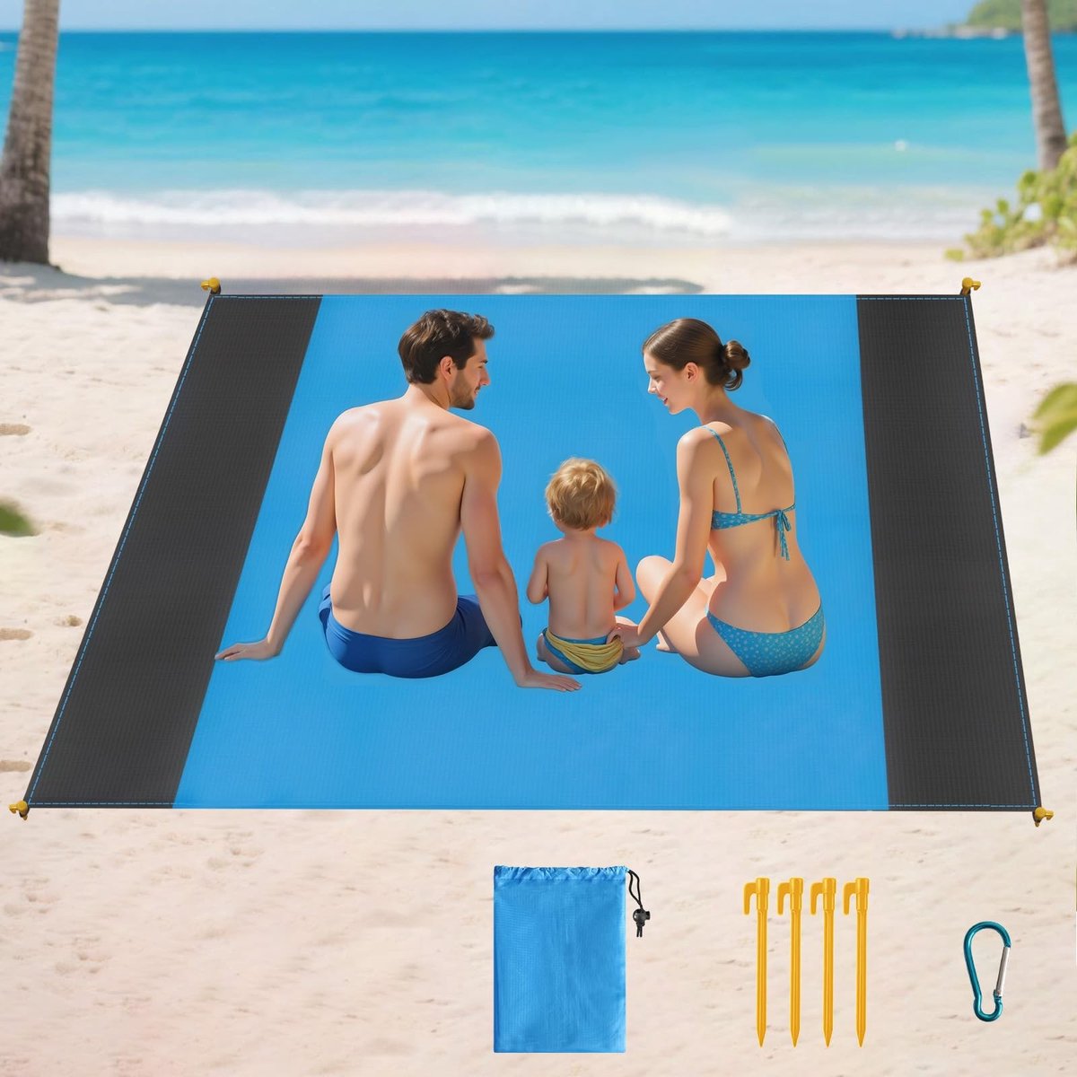 Dailygoods - Stranddeken, zandvrij, 210 x 200 cm, extra groot, waterdichte strandmat met 4 haringen, zandvrije strandhanddoek voor strand, wandelen, kamperen, picknick, licht en scheurvast (lichtblauw)