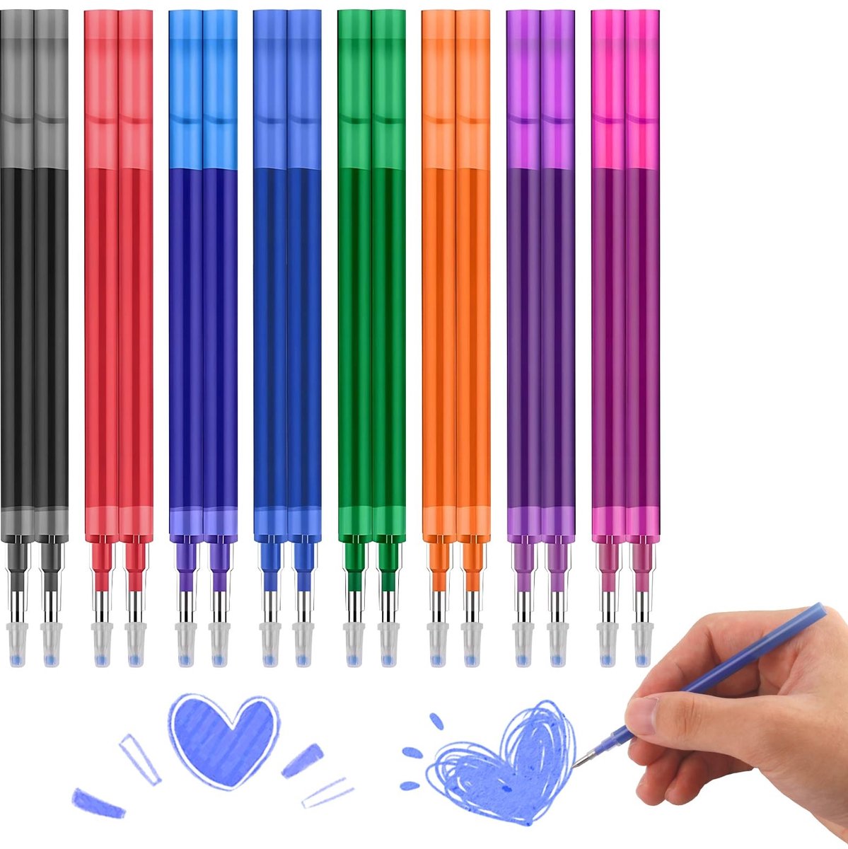 Dailygoods - 16 x navullingen voor uitwisbare gelstiften, compatibel met Pilot FriXion Ball, Clicker, Slim & Eberhard Faber, 0,7 mm punt 11 cm, 8 kleuren: blauw, zwart, rood, groen, paars, magenta, oranje