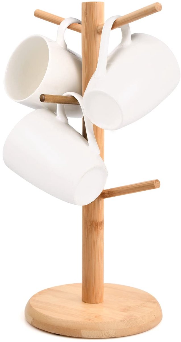 Dailygoods - Mokjesstandaard, hout, bamboe, houten bekerhouder, pretzelstandaard, boombekerhouder, bekerhouder, koprek, kopjesrek, kopjesboom, koffiekopjesrek met 6 haken voor aanrecht (rond)
