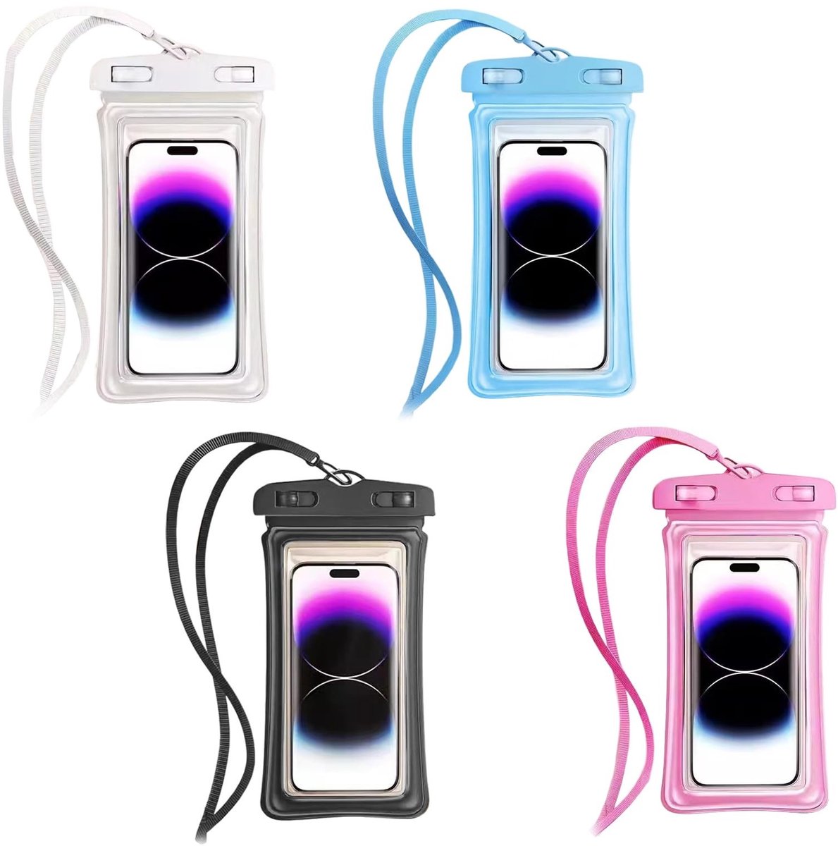 Dailygoods - 4 Waterdichte Telefoonhoesjes tot 7,2 Inch - Inclusief Halsband en Clip