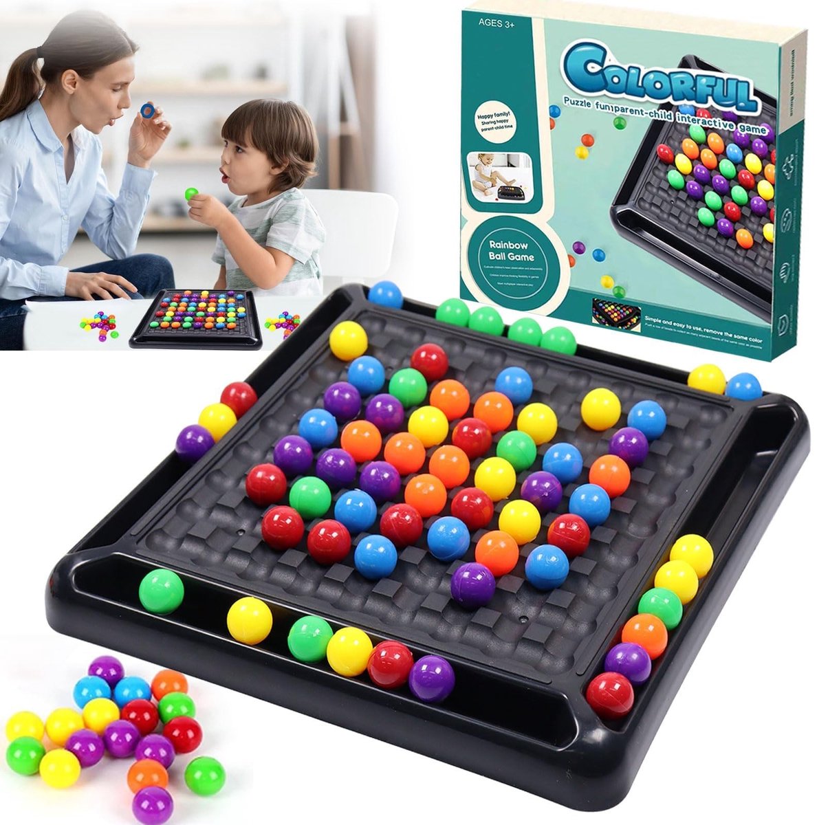 Dailygoods- Schaakbord Dubbel Duel - 84 Stuks Bordspel Ballen - Feestspelletjes - Strategiespellen - Geschikt voor Volwassenen en Kinderen - Kleurrijke Regenboogballen