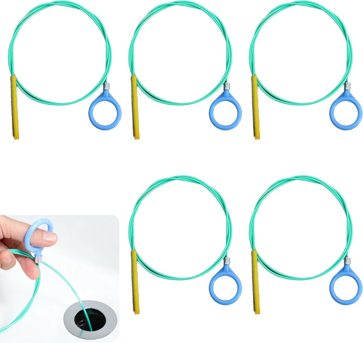 Set van 5 Flexibele Afvoerreinigers van 90 cm met Micro Haak en Nylon Coating voor Badkamer, Keuken en Doucheafvoer