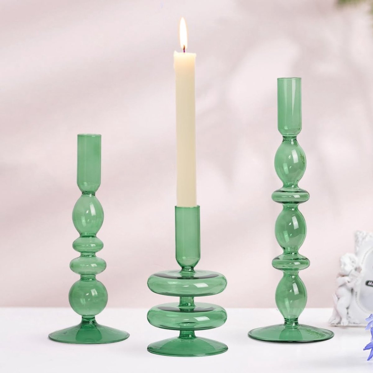Dailygoods- Kandelaar Set van 3 - Groene Kaarsenhouders - Elegante Kandelaar voor Tafeldecoratie - Conische Kaarsenhouder - Geschikt voor Dinerkaarsen - Perfect voor Kerstdecoraties