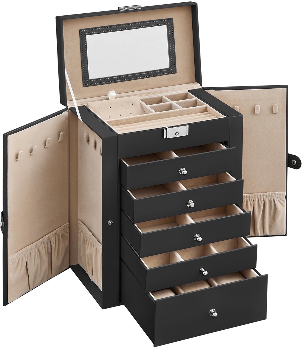 Dailygoods- Sieradendoos grote opbergruimte - Juwelendoos met 6 niveaus - Lade met 9 vakken - Spiegel en slot - Horlogekussens - Antislip handvatten