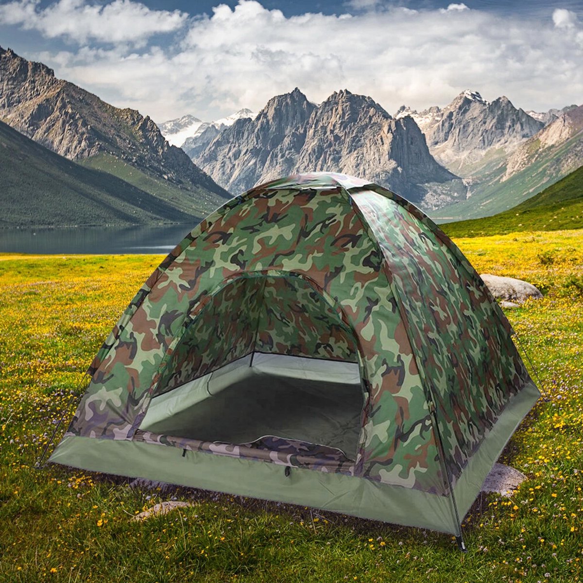 Camouflagetent - Twee personen - Camouflage - Inclusief accessoires: 4 tentharingen, 2 tentstokken, 1 opbergtas - Tent met één laag - 200 x 150 x 110 cm - Oxford-stof (niet waterdicht) – foto 8