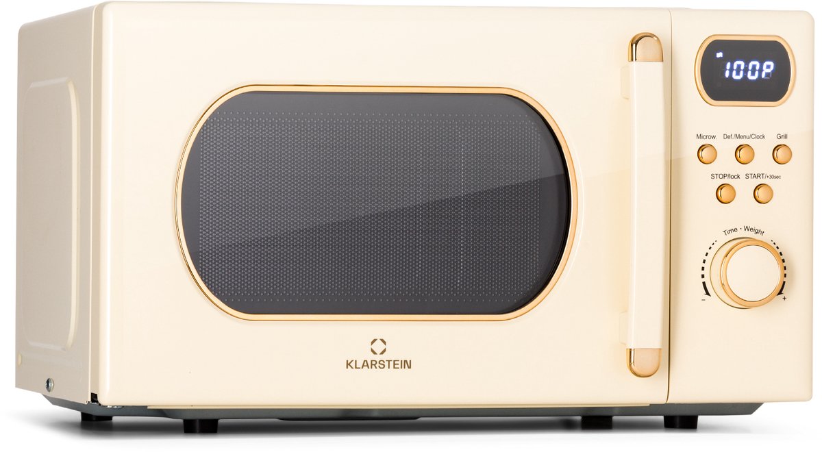 Klarstein Magnetron met Grill, 800 W, 20 Liter, 3-in-1 RVS Crème, Met Ontdooien en Pizzafunctie, Draaiplateau, Compact - voor Keuken - Bruin - Microwave Combimagnetron Microgolfoven Microwave Oven