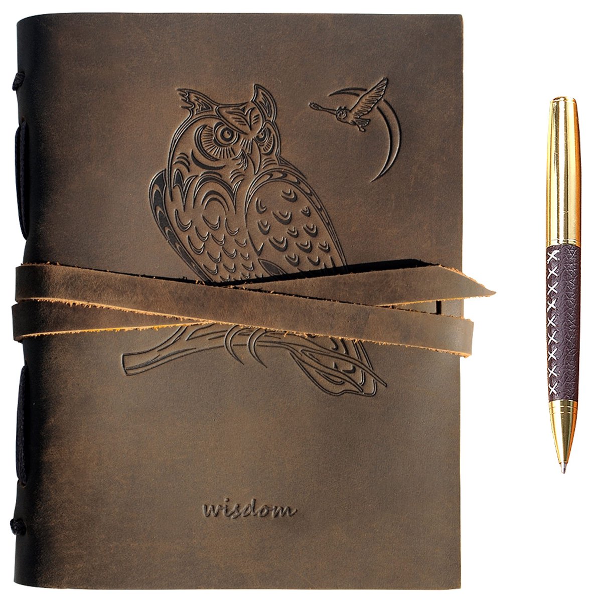 Dailygoods- Notitieboek A5 - Leren Dagboek met Uil in Reliëf - Handgemaakt Reisdagboek - 300 Ongelinieerd Pagina's - Cadeau voor Vrouwen en Mannen