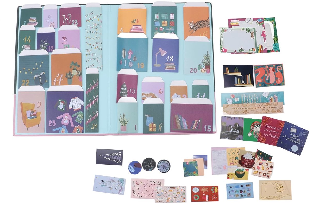 Solidchoice - Adventskalender voor boekenliefhebbers, unieke countdown met 25 zakjes, boekenliefhebbers, adventskalender als