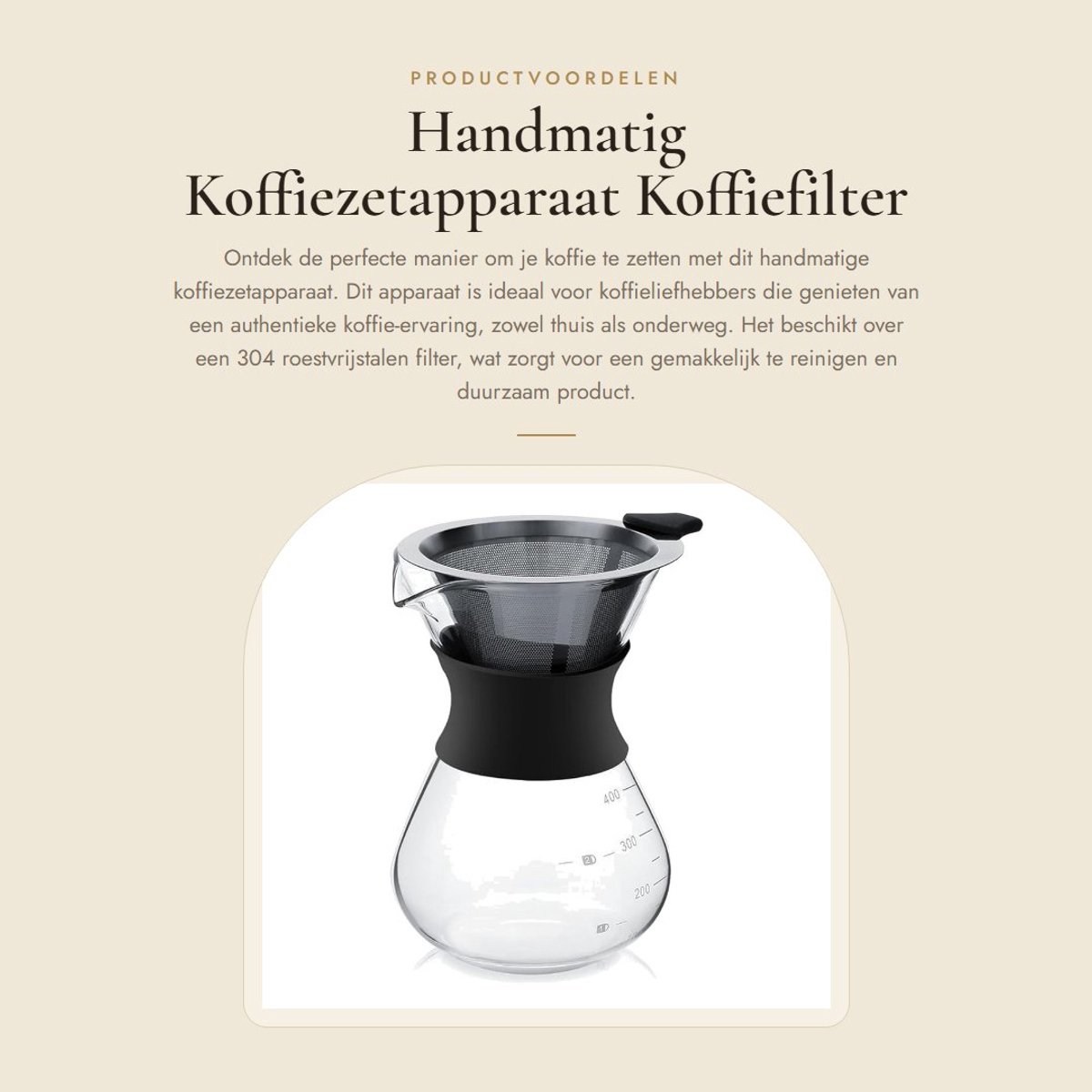 Solidchoice- Koffiezetapparaat Handmatig - Koffiefilter 400 ml - Roestvrij Stalen Filter - Borosilicaatglas - Vaatwasmachinebestendig - Eenvoudige Bediening - Koffiepot