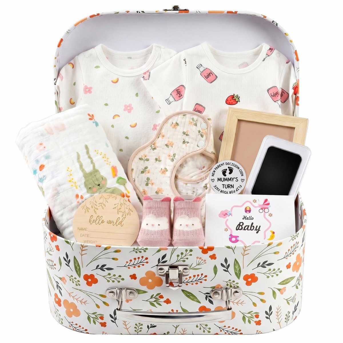 Solidchoice- Rompertje Bloemen/Aardbeien - Baby Cadeauset - Herinneringskaart - Slabbetje - Fotolijst - Opbergkoffer 25,5x18,5x10 cm - Babyset