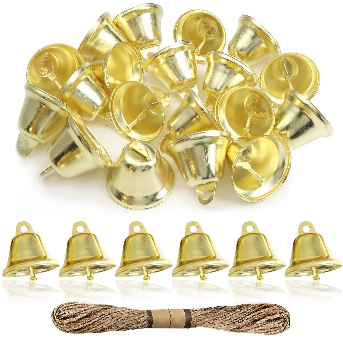 Dailygoods- Klokken 20 Stuks - Gouden Klokken 38 mm - Metalen Klokken - Henneptouw - Knutselen - Feestelijke Klank - Belletjes