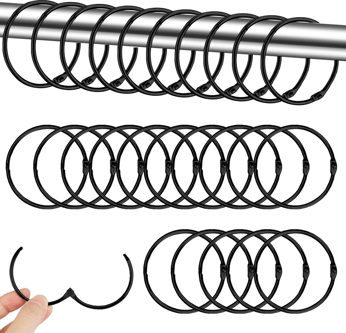 40 stuks gordijnringen om te openen, 50 mm gordijnophangringen, metalen gordijnringen, geschikt voor gordijnen en gordijnroedes voor slaapkamer en badkamer (zwart)