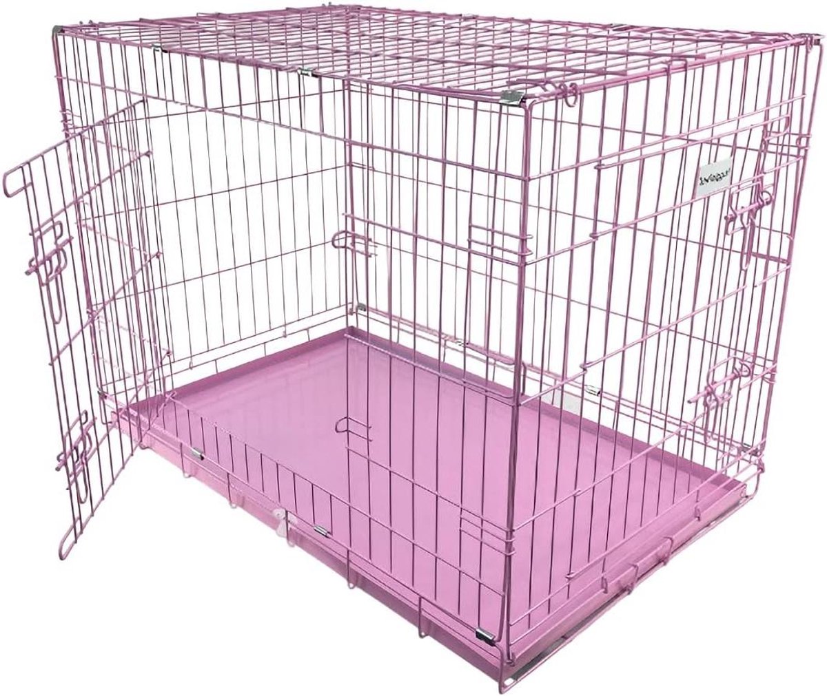 Honden Bench - Hondenkooi Puppy - Veilig Transport - Dubbele Deur - 61 cm - Roze