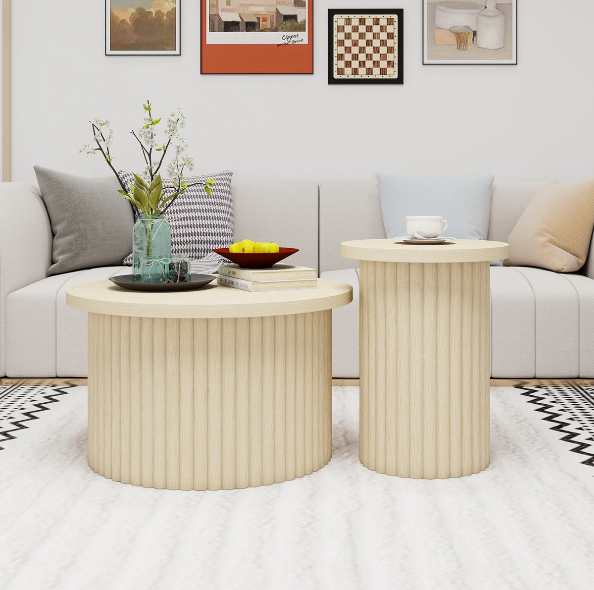 MIVRAY Salontafelset - Ronde Tafels Met Houtlook En Golfstructuur - 2 Delig Voor Woonkamer Slaapkamer Of Werkkamer - MDF - Naturel