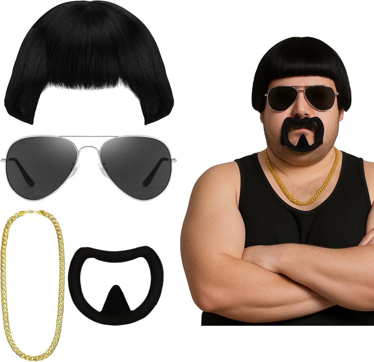 Final Boss Kostuum Accessoire Set met Snitperen Pruik, Gouden Ketting, Boss Bril en Baard voor een Grappig Halloween Feest