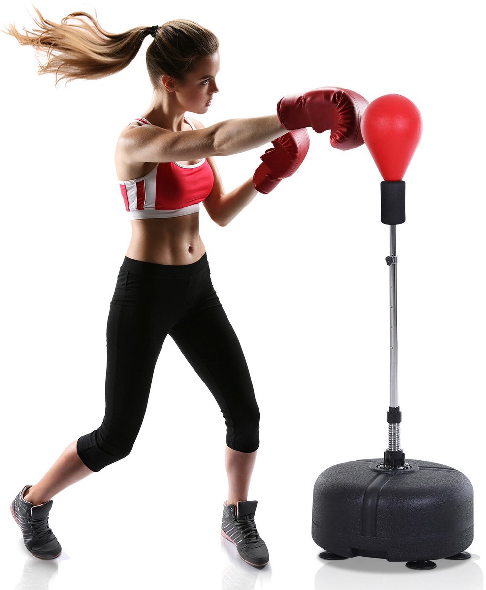 MEUNIQ Staande boksbal met standaard 136-154 cm verstelbaar, met 4 zuignappen en vulbare voet, imitatieleer, voor reactietraining en fitness, zwart rood