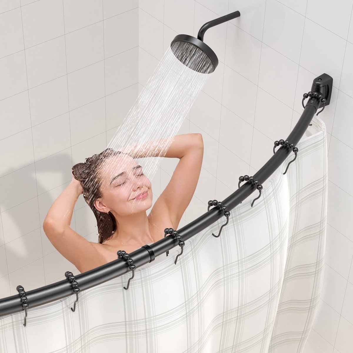 douchegordijnstang, van 304 roestvrij staal, met 18 roestvrijstalen douchegordijnringen en telescopisch design, verstelbaar van 140 tot 200 cm, voor bad en badkamer, boormontage, zwart
