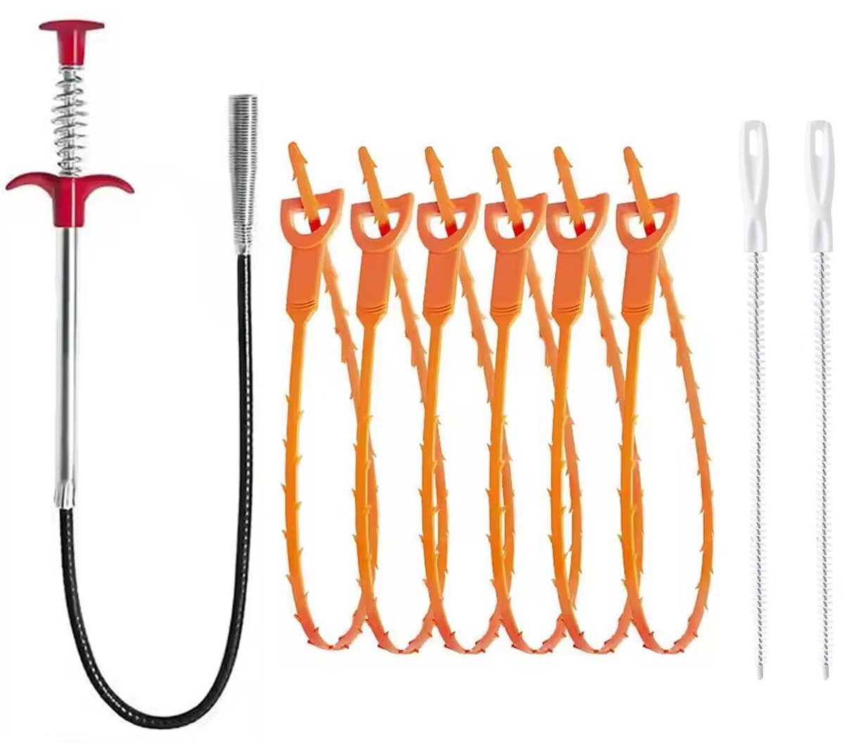 9-delige afvoerreinigingsgereedschapset, 24 inch klompenverwijderaar, 20 inch afvoerslang en reinigingsborstels voor toilet, gootsteen, badkamerbad, riool (9, oranje)