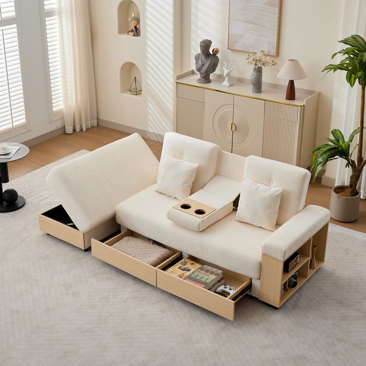 KOMHTOM Slaapbank met Opbergruimte - 3-voudig Verstelbare Rugleuning - Lades - Chenille Stof - Bekerhouders - Opbergpoef - 217cm - Beige - Woonkamer - Comfortabel - Moderne Bank