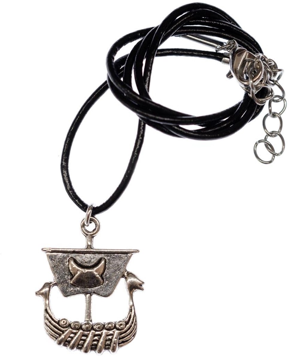 Viking zeilschip ketting boot schip Viking schip zilver - handgemaakte modesieraden - leren ketting leer, 25 mm, Zilver Katoen Metaal