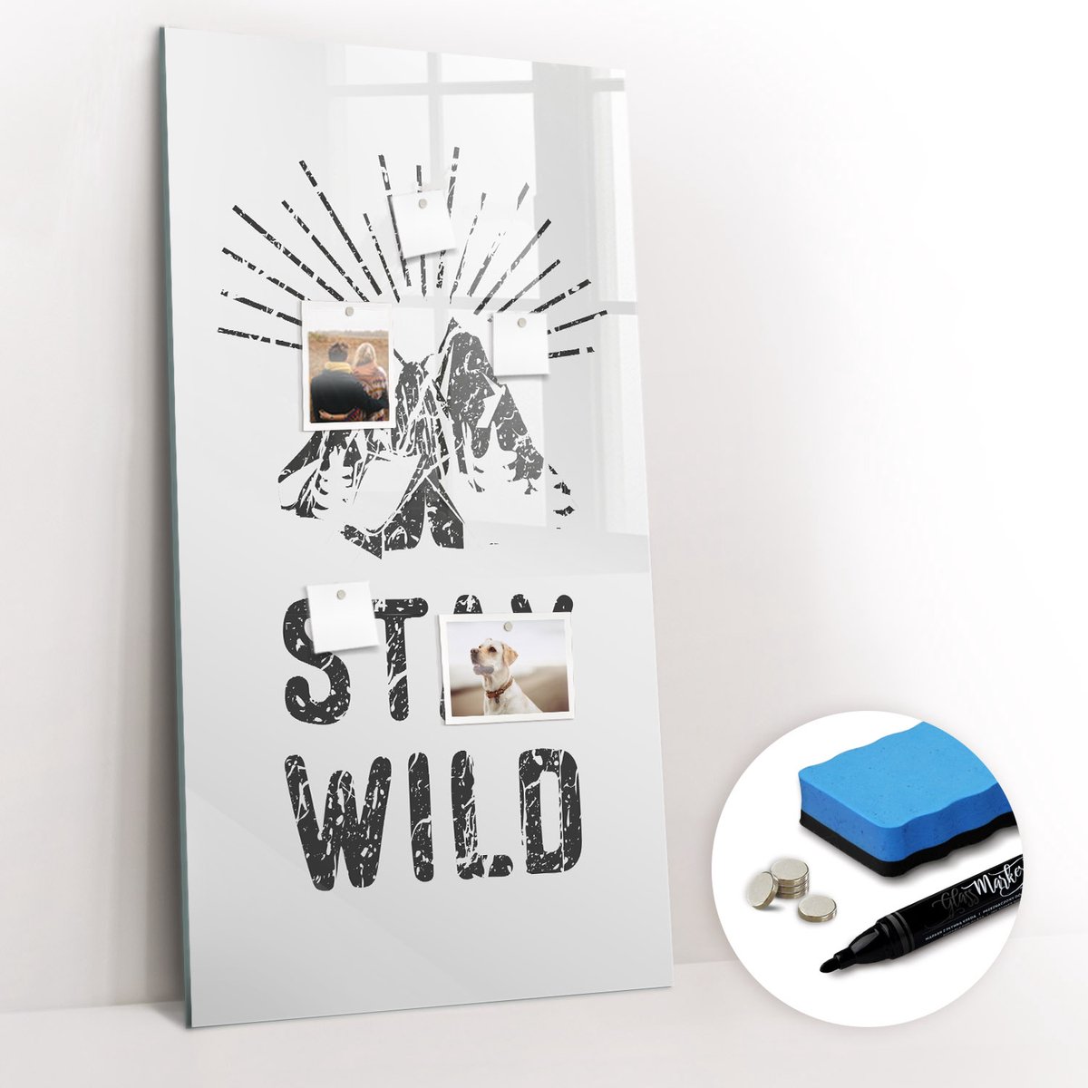 Tulup Whitebord - Stay Wild Mountains - 60 x 120 cm - Zwart-wit Magneetbord Rechthoekig - Gratis 5 Sterke Magneten + Whiteboard Marker & Wisser - Minimalistisch Prikbord - Foto Magneetbord - Organiseer Je Bureau