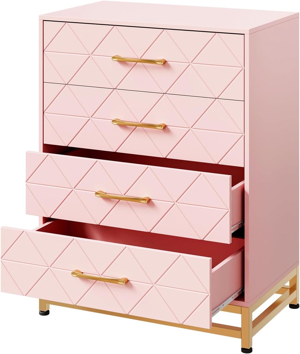 Moderne Ladekast met 4 Laden - Houten Commode met Gouden Handgrepen - Hoge Opbergkast voor Slaapkamer, Woonkamer en Kantoor - roze - 61 x 41 x 91 cm