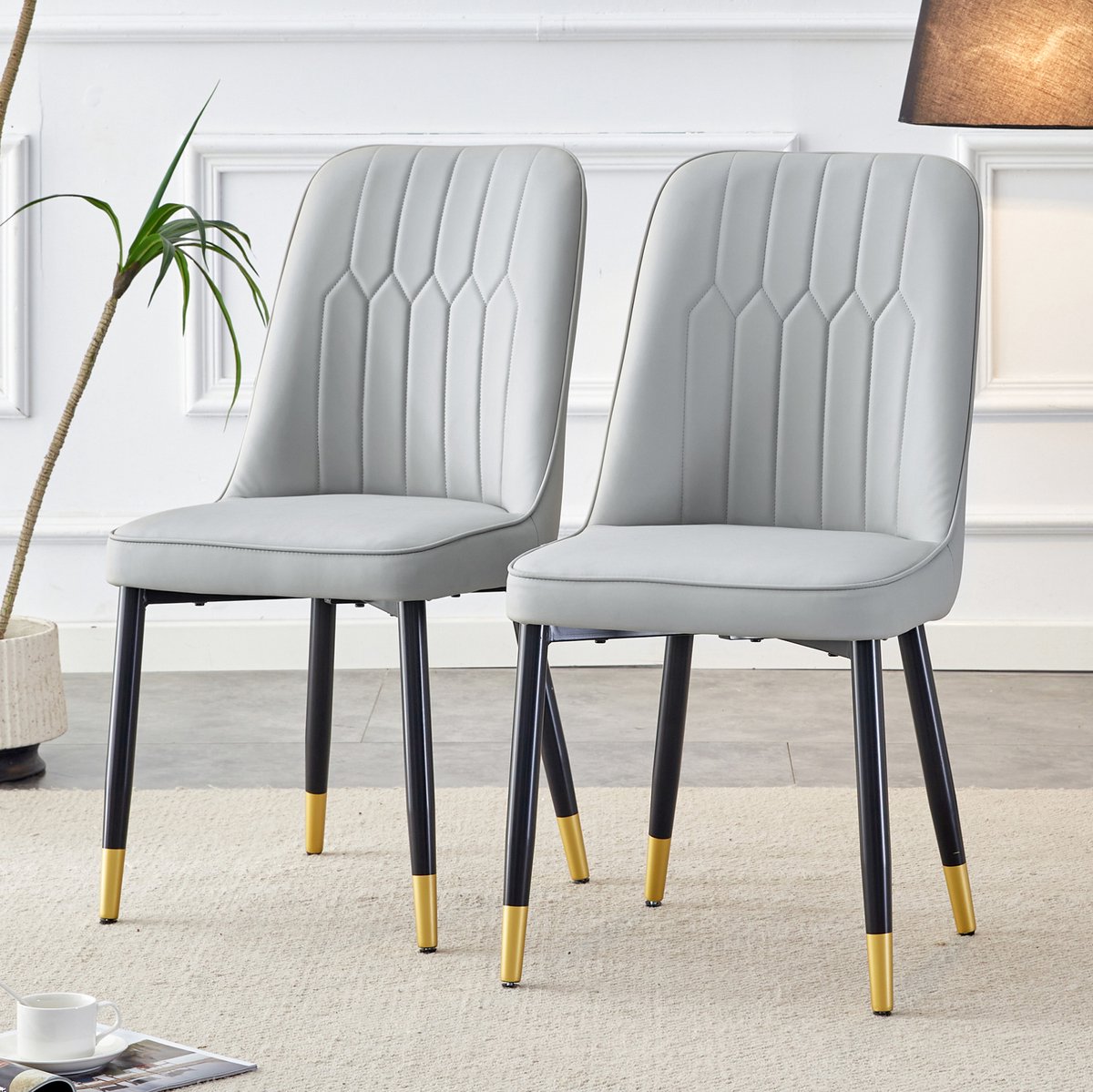 DESMIU Eetkamerstoel Set Van 2 - Lichtgrijs Kunstleer Met Zwarte Metalen Poten - Ergonomische Hoge Rugleuning Voor Eetkamer Keuken En Slaapkamer