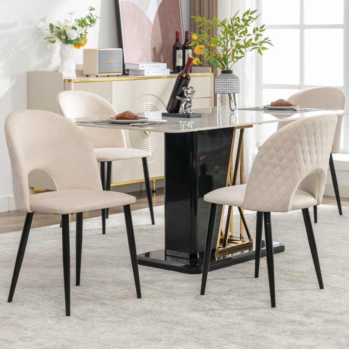 DESMIU Eetkamerstoel Set Van 4 - Velvet Metalen Onderstel - Verstelbare Poten - Modern Design Voor Eetkamer En Woonkamer - Beige