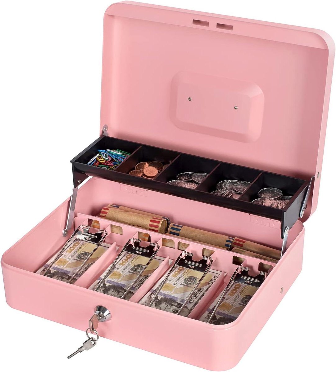 Geldkist met slot - Spaarpot kassa - Geld organiseren - Uitschuifbare muntlade - 30 x 24 x 9 cm - Roze