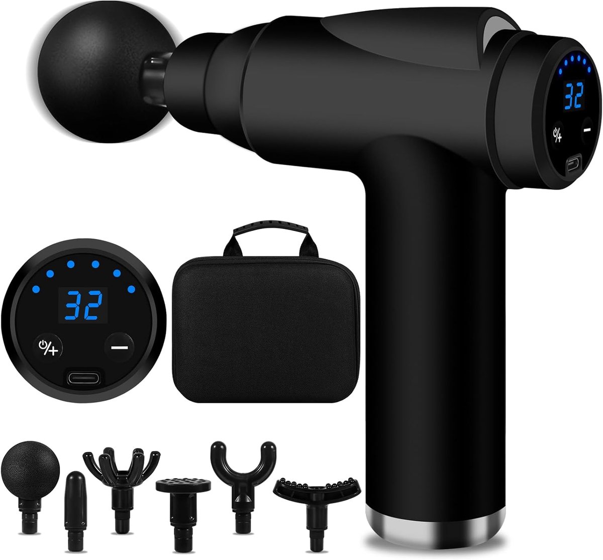 spiermassagepistool, mini -pistoolmassage met 32 ​​verstelbare niveaus， 3500 tpm en 6 massagekoppen en het LCD -scherm, licht en draagbaar, om pijnen en spierstijfheid te verlichten