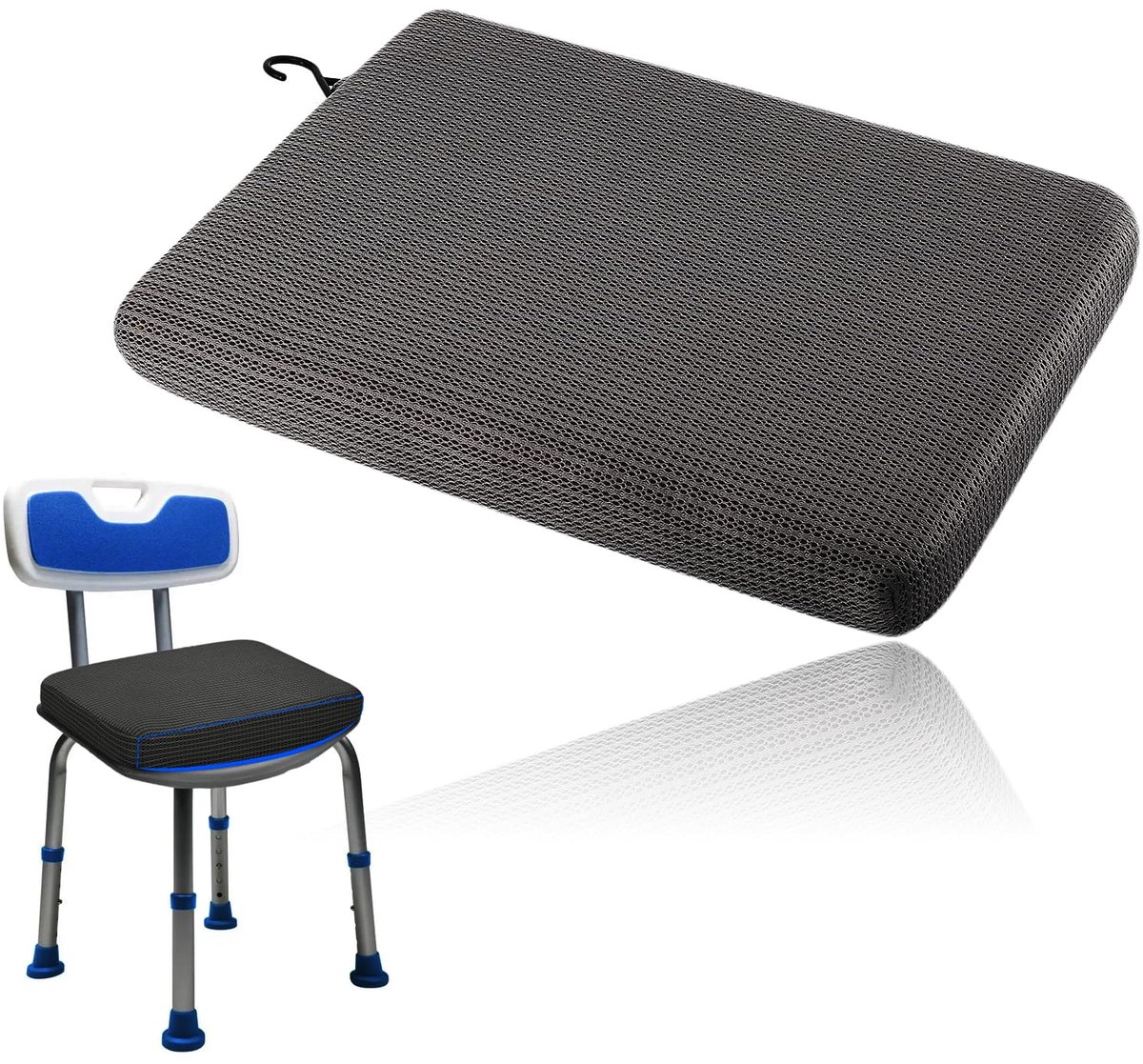 Zitkussen voor douchestoel, douchezitkussen met haken en wasbare afdekking, badkussen voor senioren en gehandicapten, geschikt voor de meeste douchebanken, comfortabel badkussen, grijs