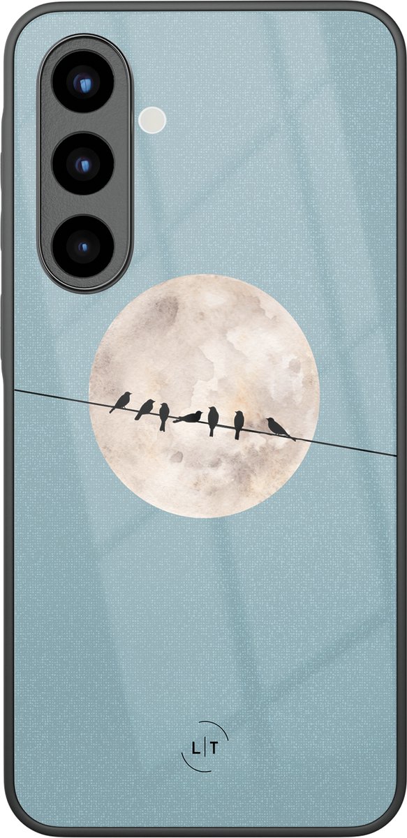 Hoesje geschikt voor Samsung Galaxy A56 - Moon birds - Luxe Glazen Hardcase - Print / Illustratie - Blauw