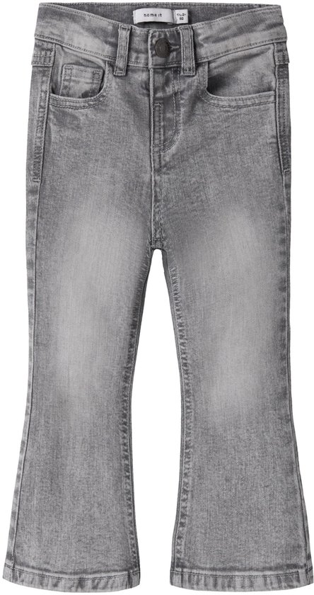 Grijze meisjesjeans met bootcut-pijpen en stone-washed effect.