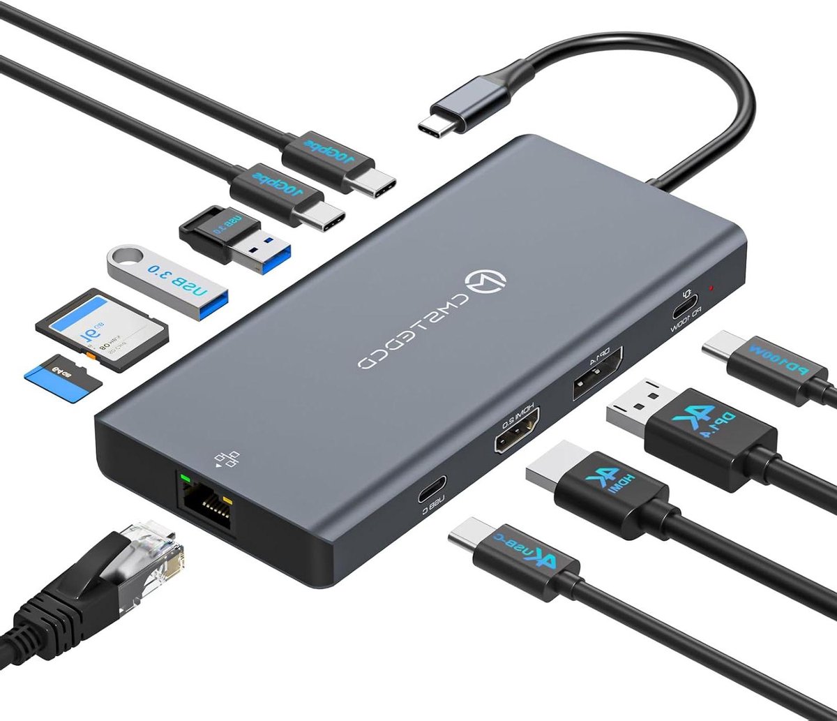 USB C Docking Station - Thunderbolt Dock Hub - Multitasking met Schermen - 12 poorten in één - 100W PD