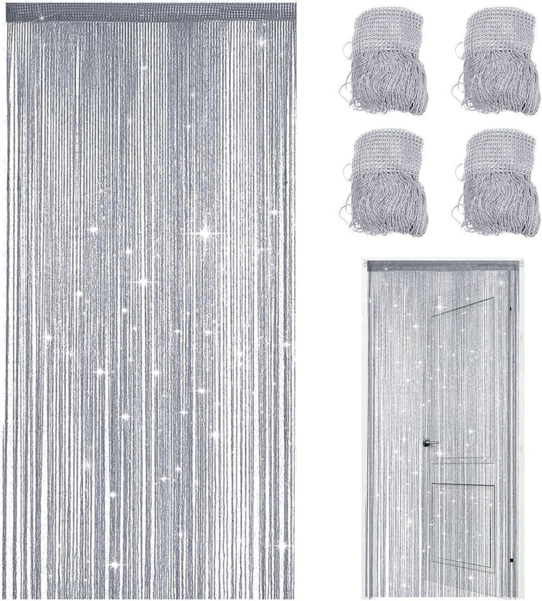 Set van 4 deurgordijnen, 100 x 200 cm, glanzend, vliegengordijn, franje, decoratie voor scheiding, bruiloft, feest, avond (zilvergrijs)